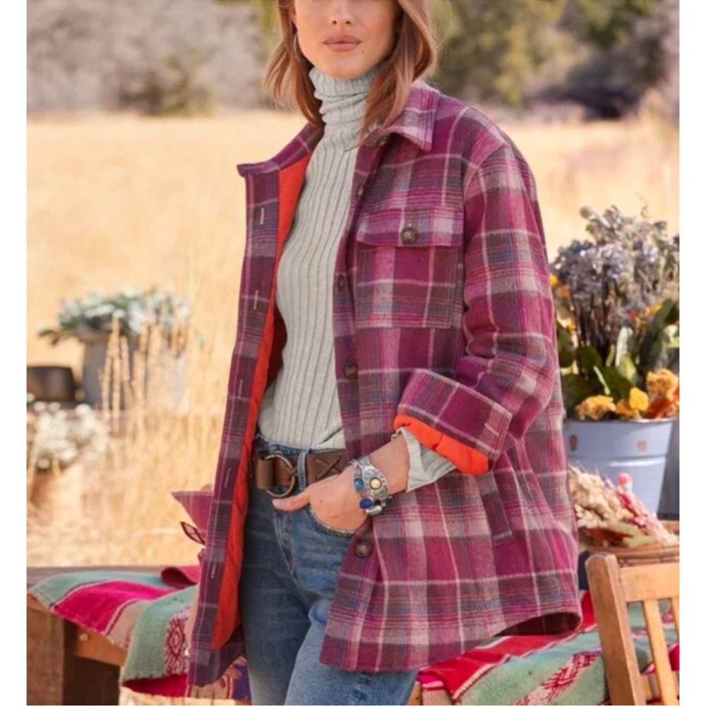 Sundance Catalog Chore Coat Jacket Prima Plaid Wool Blend Quilt Lined Loose XS/S